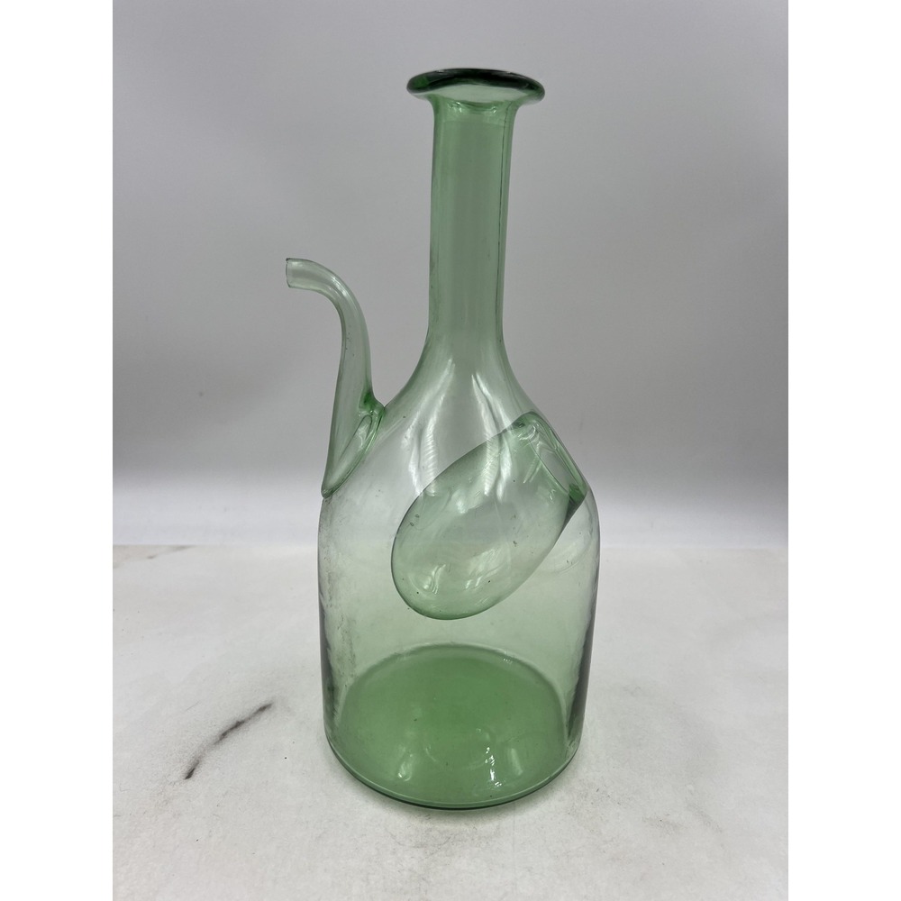 Vintage Green Hand Blown Glass Wine Decanter with Built-in Ice Chamber 11"